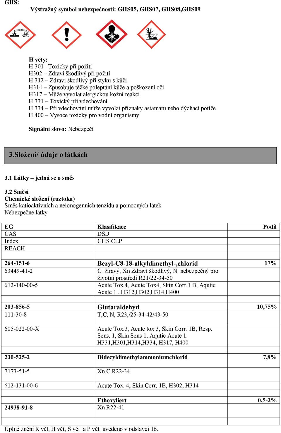 organismy Signální slovo: Nebezpečí 3.Složení/ údaje o látkách 3.1 Látky jedná se o směs 3.