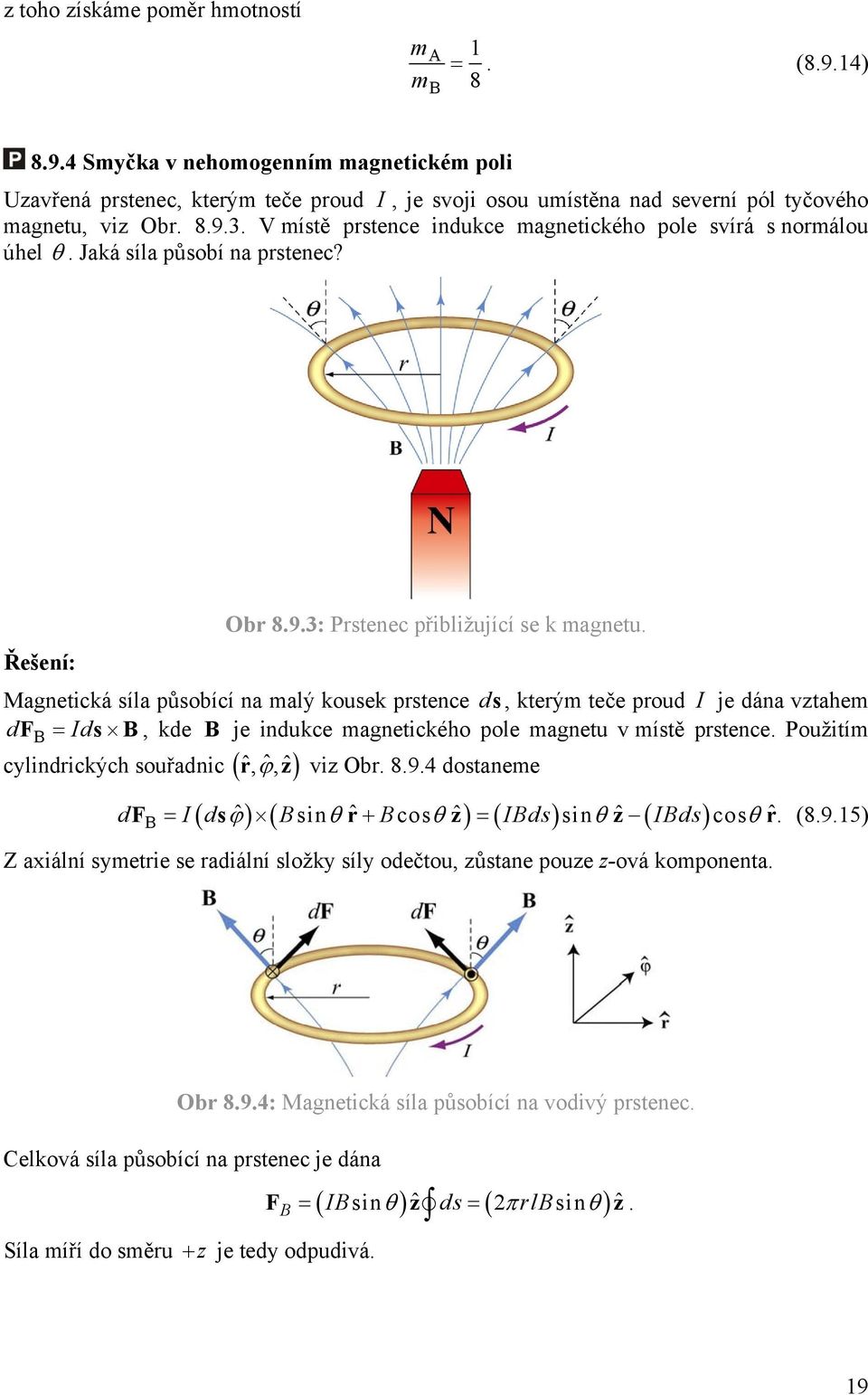 Řešení: Magnetická síla působící na malý kousek prstence ds, kterým teče proud I je dána vztahem df Ids, kde je indukce magnetického pole magnetu v místě prstence.