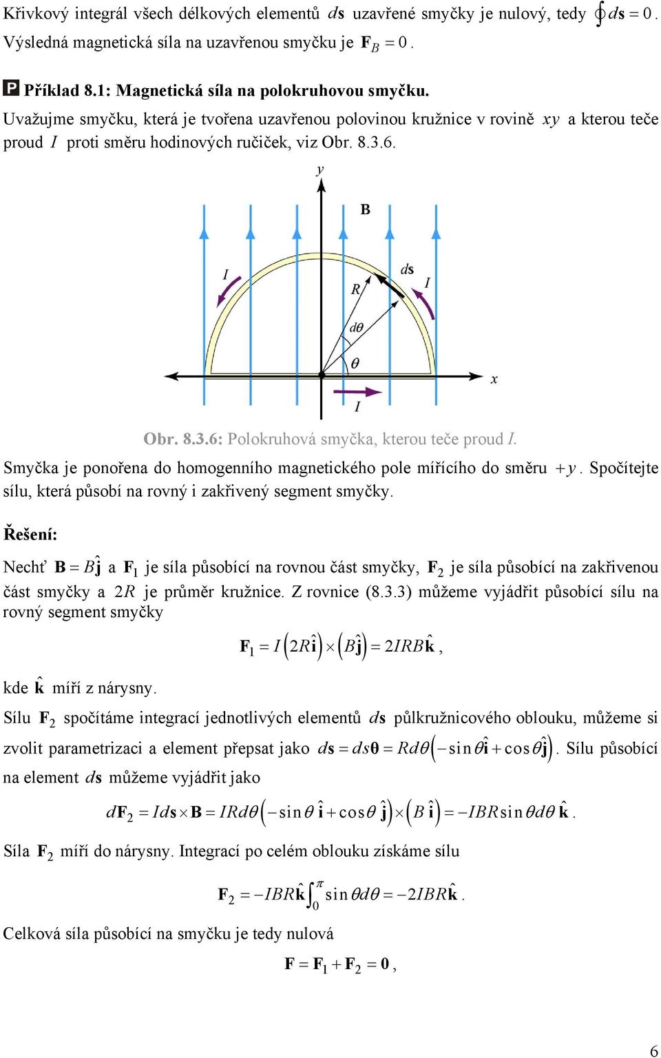 Smyčka je ponořena do homogenního magnetického pole mířícího do směru sílu, která působí na rovný i zakřivený segment smyčky. Řešení: y.