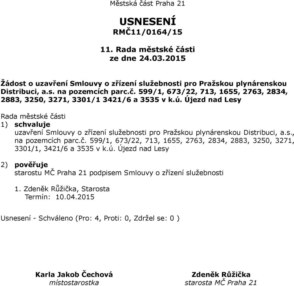 Újezd nad Lesy 1) schvaluje uzavření Smlouvy o zřízení služebnosti pro Pražskou plynárenskou Distribuci, a.s., na pozemcích parc.č.