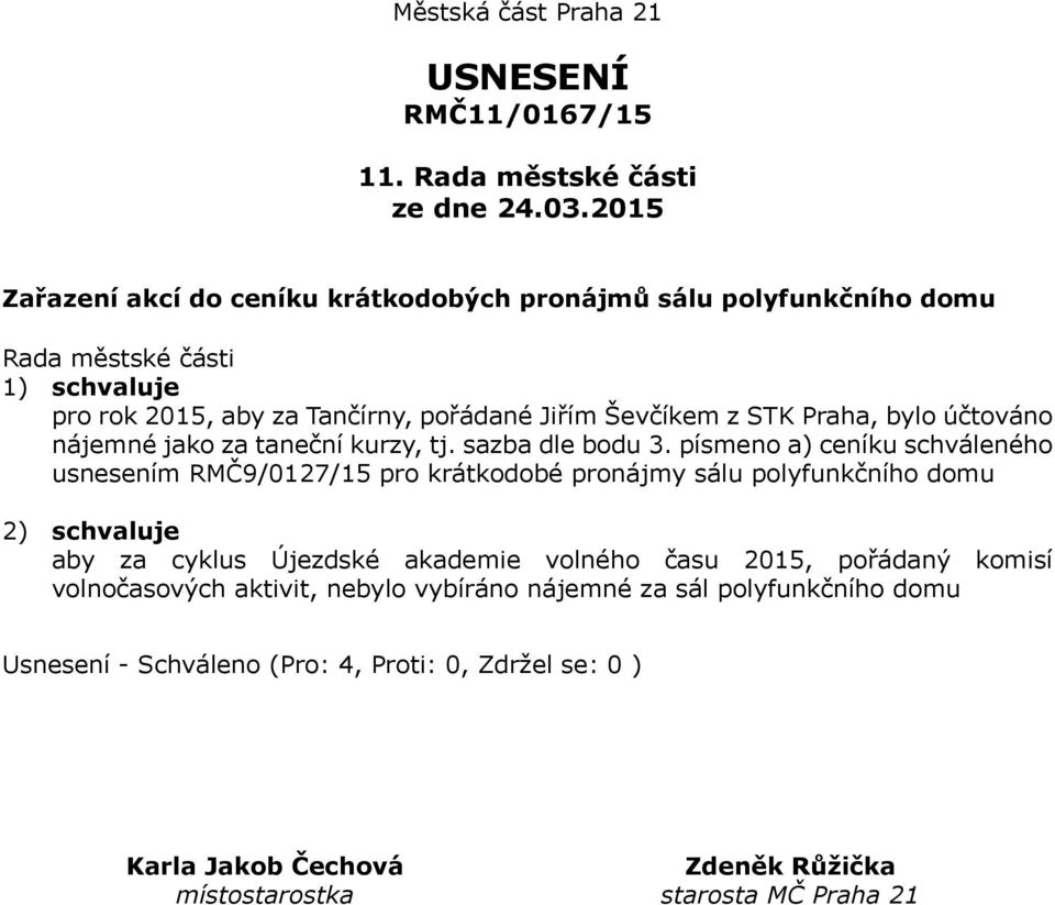 písmeno a) ceníku schváleného usnesením RMČ9/0127/15 pro krátkodobé pronájmy sálu polyfunkčního domu 2) schvaluje aby za