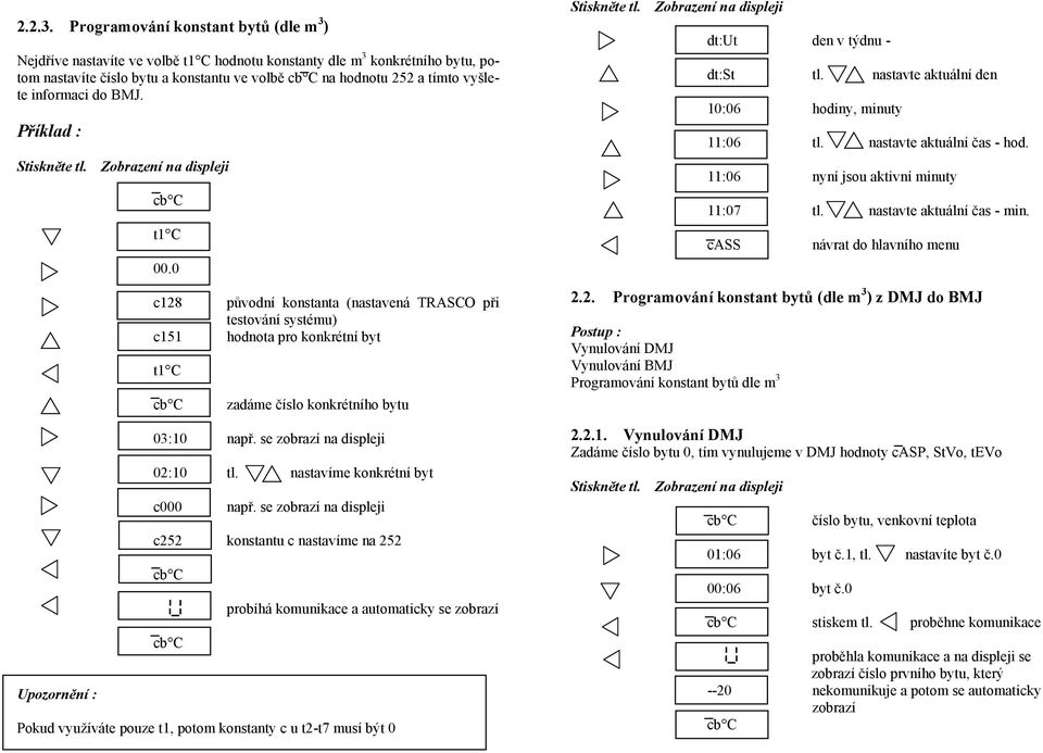 do BMJ. Upozornění : 00.0 c128 c151 původní konstanta (nastavená TRASCO při testování systému) hodnota pro konkrétní byt zadáme číslo konkrétního bytu 03:10 např. se zobrazí na displeji 02:10 tl.