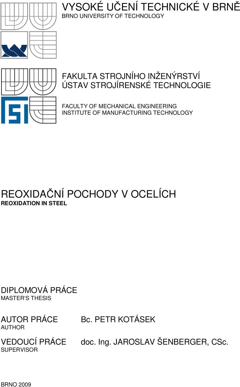 TECHNOLOGY REOXIDAČNÍ POCHODY V OCELÍCH REOXIDATION IN STEEL DIPLOMOVÁ PRÁCE MASTER S THESIS