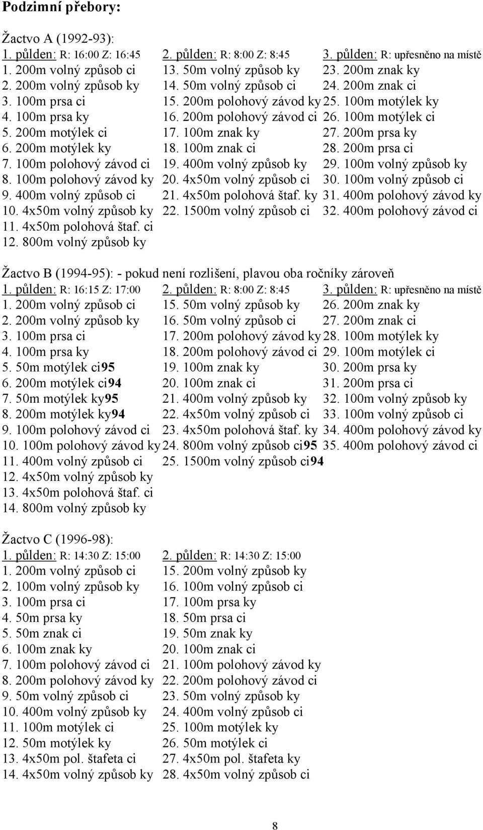 200m motýlek ci 17. 100m znak ky 27. 200m prsa ky 6. 200m motýlek ky 18. 100m znak ci 28. 200m prsa ci 7. 100m polohový závod ci 19. 400m volný způsob ky 29. 100m volný způsob ky 8.