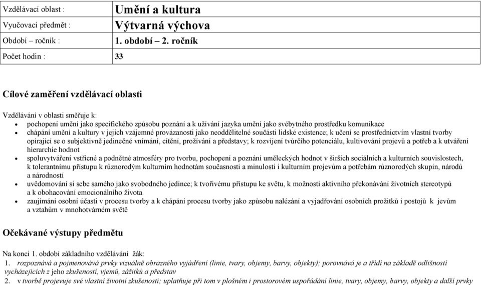 umění a kultury v jejich vzájemné provázanosti jako neoddělitelné součásti lidské existence; k učení se prostřednictvím vlastní tvorby opírající se o subjektivně jedinečné vnímání, cítění, prožívání