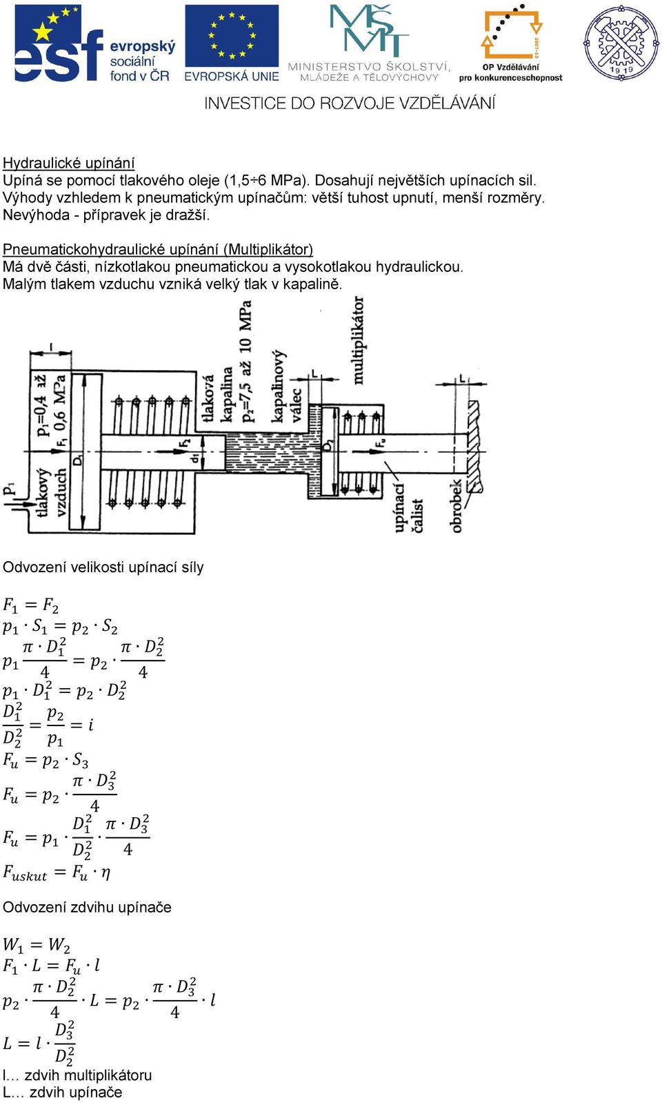 Pneumatickohydraulické upínání (Multiplikátor) Má dvě části, nízkotlakou pneumatickou a vysokotlakou hydraulickou.