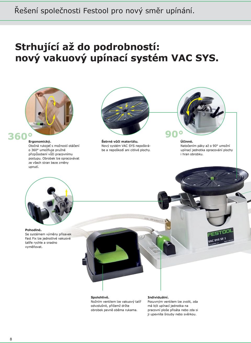 Nový systém VAC SYS nepoškrábe a nepoškodí ani citlivé plochy. Účinné. Natočením páky až o 90 umožní upínací jednotka opracování plochy i hran obrobku. Pohodlné.