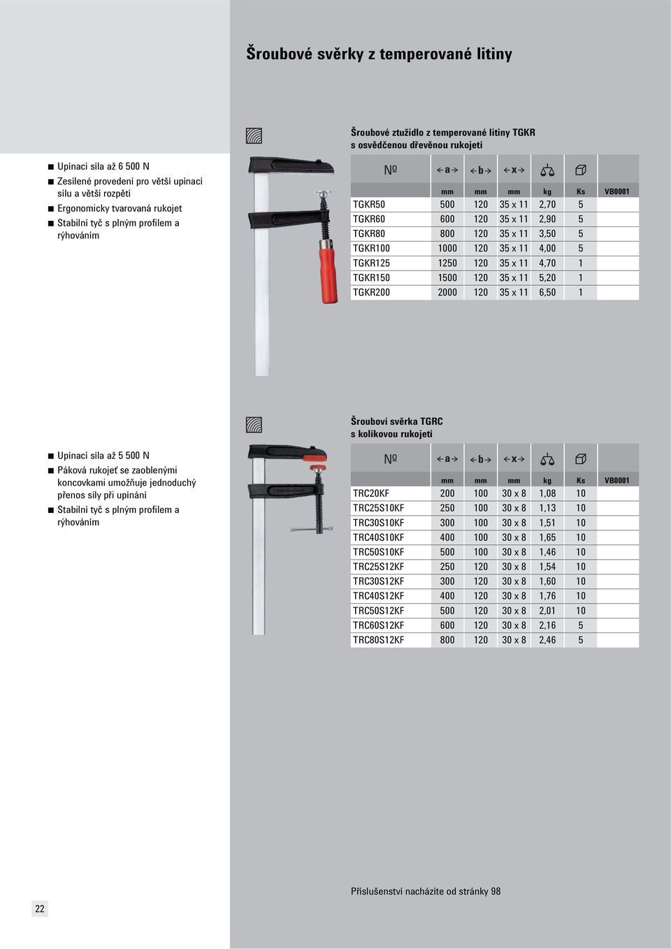 35 x 11 4,00 5 TGKR125 1250 120 35 x 11 4,70 1 TGKR150 1500 120 35 x 11 5,20 1 TGKR200 2000 120 35 x 11 6,50 1 Šrouboví sv rka TGRC s kolíkovou rukojetí Upínací síla až 5 500 N Páková rukoje se