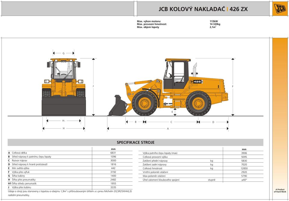 výška 442 F Výška přes výfuk 192 G Šířka kabiny 1400 H Šířka přes pneumatiky 2482 H1 Šířka středu penumatik 1955 J Výška přes kabinu 5 Údaje o stroji jsou stanoveny s lopatou o obejmu 1,9m s