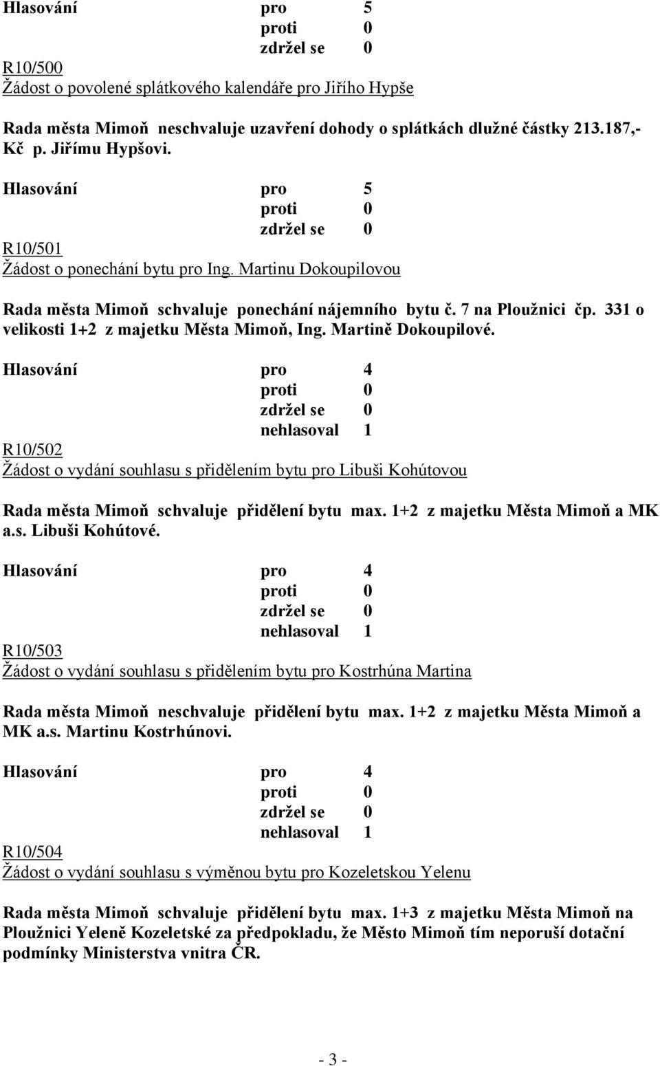 Martině Dokoupilové. nehlasoval 1 R10/502 Ţádost o vydání souhlasu s přidělením bytu pro Libuši Kohútovou Rada města Mimoň schvaluje přidělení bytu max. 1+2 z majetku Města Mimoň a MK a.s. Libuši Kohútové.