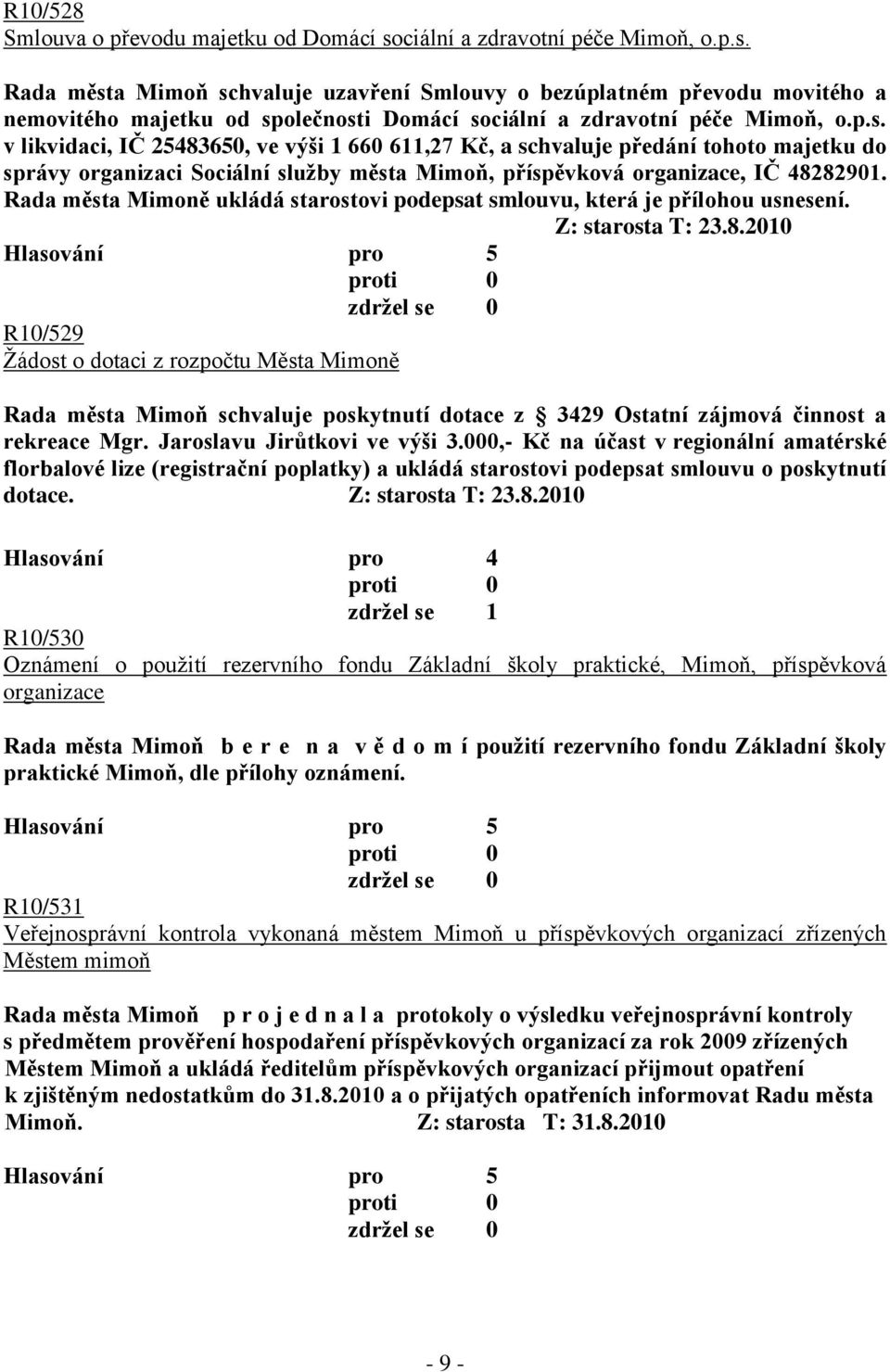 Rada města Mimoně ukládá starostovi podepsat smlouvu, která je přílohou usnesení. Z: starosta T: 23.8.