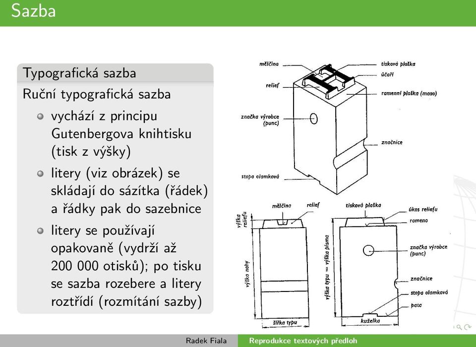 sázítka (řádek) a řádky pak do sazebnice litery se používají opakovaně