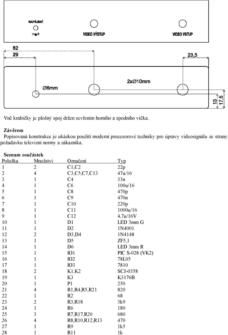 Seznam součástek Položka Množství Označení Typ 1 2 C1,C2 22p 2 4 C3,C5,C7,C13 47u/16 3 1 C4 33n 4 1 C6 100u/16 5 1 C8 470p 6 1 C9 470n 7 1 C10 220p 8 1 C11 1000u/16 9 1 C12