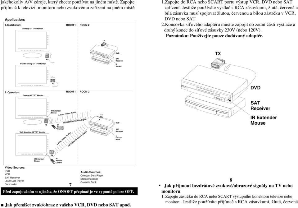 Jestliže používáte vysílač s RCA zásuvkami, žlutá, červená a bílá zásuvka musí spojovat žlutou, červenou a bílou zástrčku v VCR, DVD nebo SAT. 2.