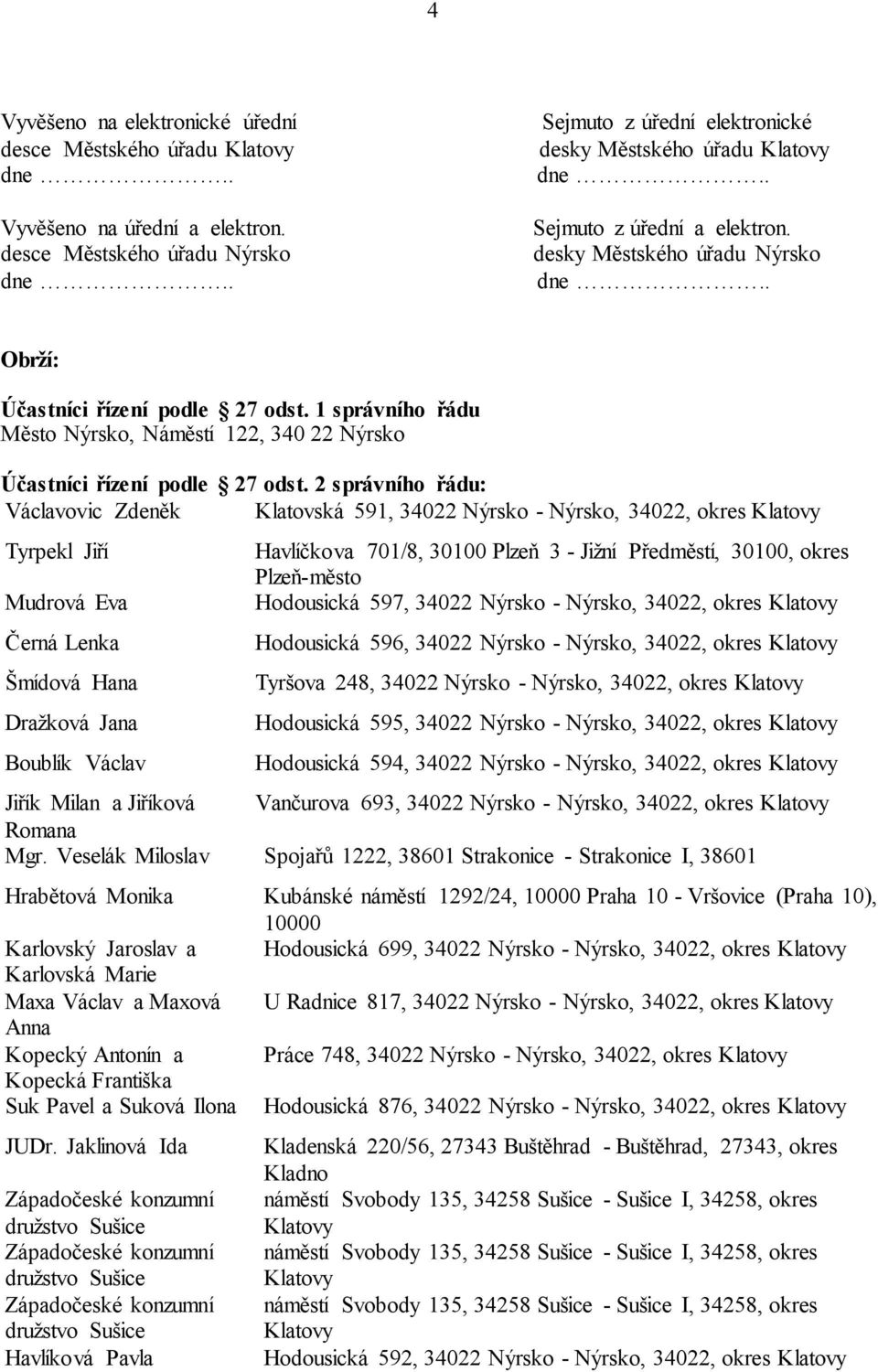 2 správního řádu: Klatovská 591, 34022 Nýrsko - Nýrsko, 34022, okres Tyrpekl Jiří Mudrová Eva Černá Lenka Šmídová Hana Dražková Jana Boublík Václav Havlíčkova 701/8, 30100 Plzeň 3 - Jižní Předměstí,