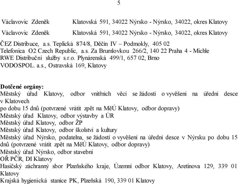 žádostí o vyvěšení na úřední desce v Klatovech po dobu 15 dnů (potvrzené vrátit zpět na MěÚ, odbor dopravy) Městský úřad, odbor výstavby a ÚR Městský úřad, odbor ŽP Městský úřad, odbor školství a