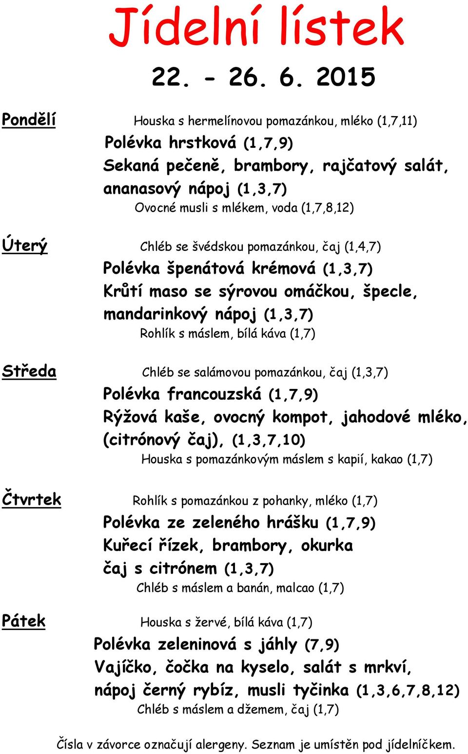 Chléb se švédskou pomazánkou, čaj (1,4,7) Polévka špenátová krémová (1,3,7) Krůtí maso se sýrovou omáčkou, špecle, mandarinkový nápoj (1,3,7) Rohlík s máslem, bílá káva (1,7) Středa Chléb se