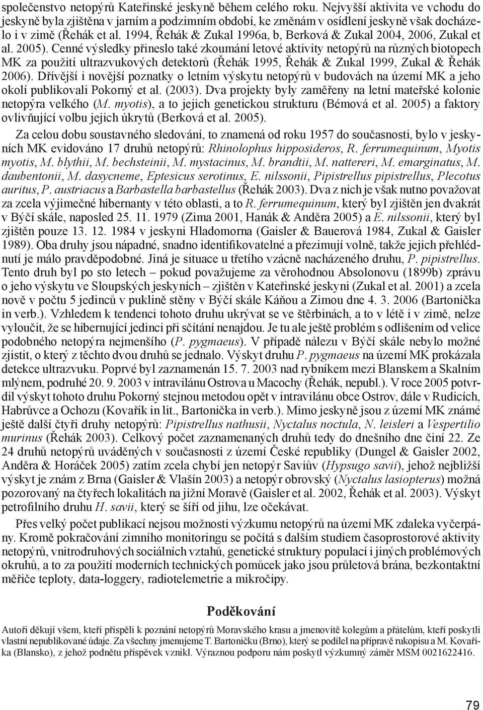 1994, Řehák & Zukal 1996a, b, Berková & Zukal 2004, 2006, Zukal et al. 2005).
