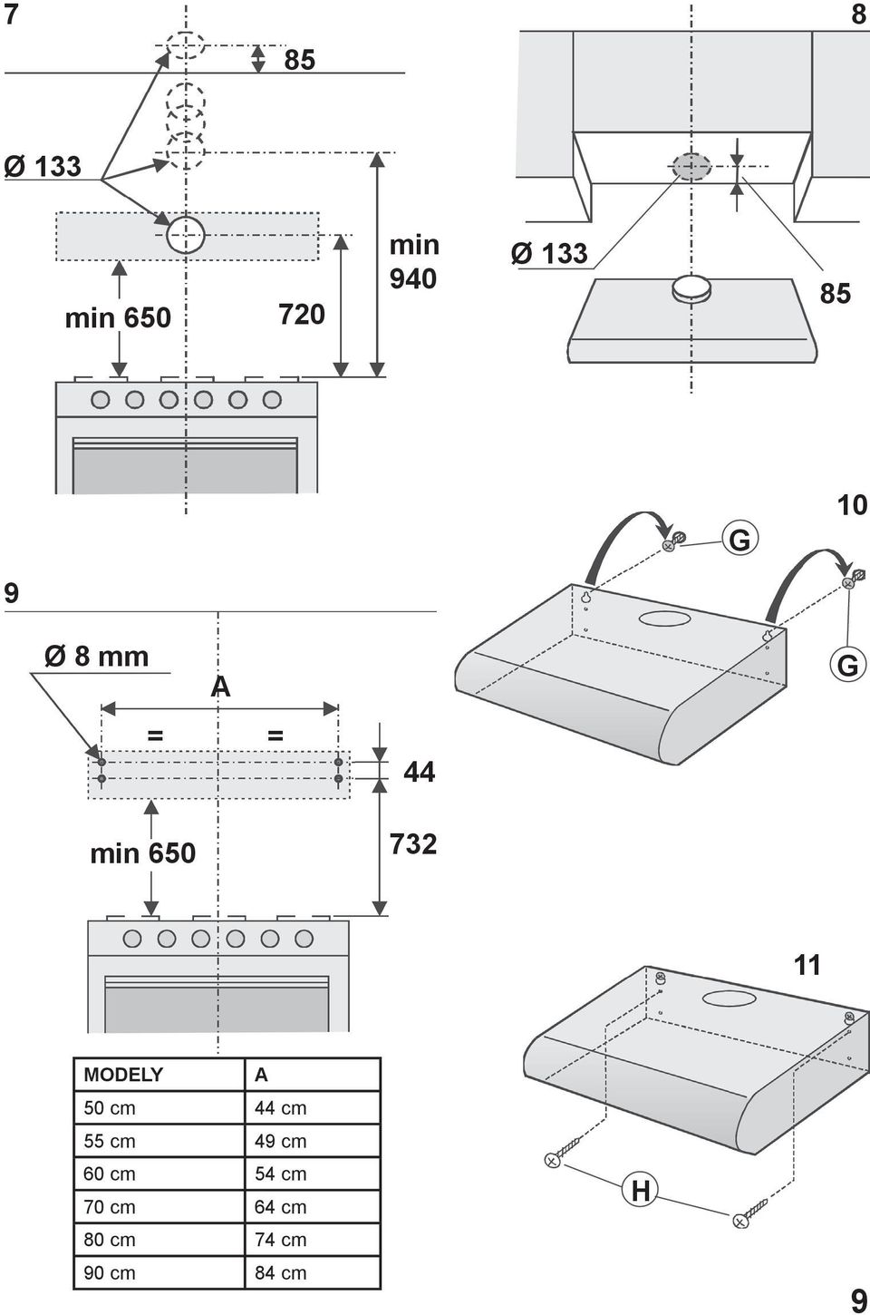 MODELY A 50 cm 44 cm 55 cm 49 cm 60 cm 54