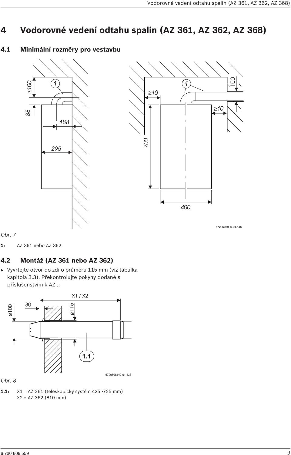 2 Montáž (AZ 361 nebo AZ 362) B Vyvrtejte otvor do zdi o průměru 115 mm (viz tabulka kapitola 3.3).