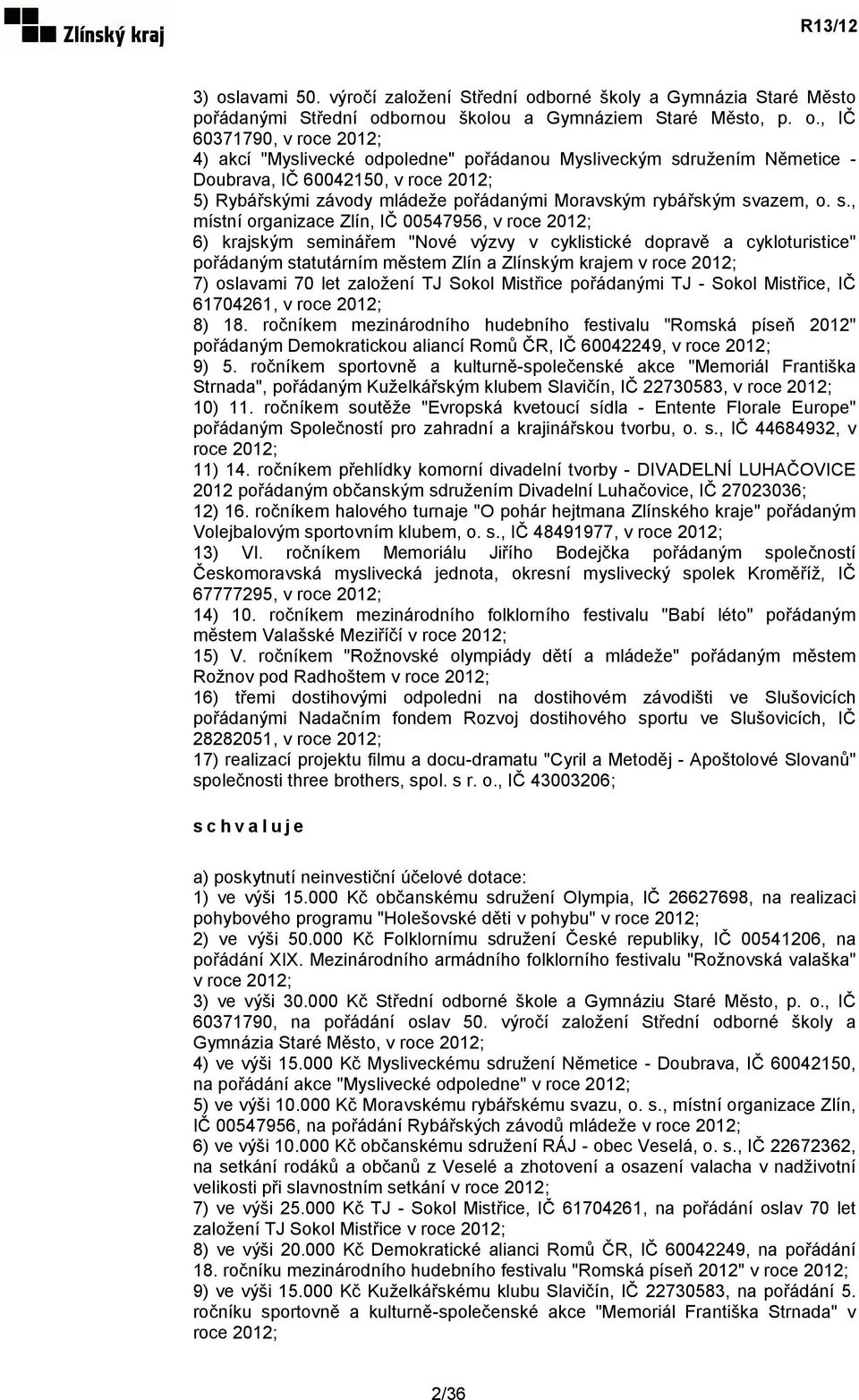 ružením Němetice - Doubrava, IČ 60042150, v roce 2012; 5) Rybářskými závody mládeže pořádanými Moravským rybářským sv
