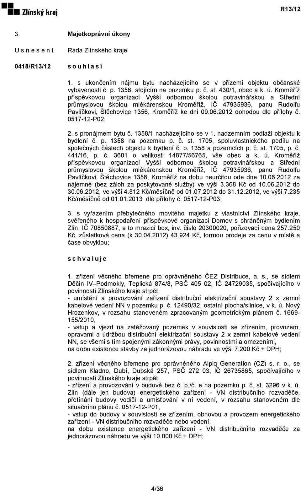 Kroměříž příspěvkovou organizací Vyšší odbornou školou potravinářskou a Střední průmyslovou školou mlékárenskou Kroměříž, IČ 47935936, panu Rudolfu Pavlíčkovi, Štěchovice 1356, Kroměříž ke dni 09.06.