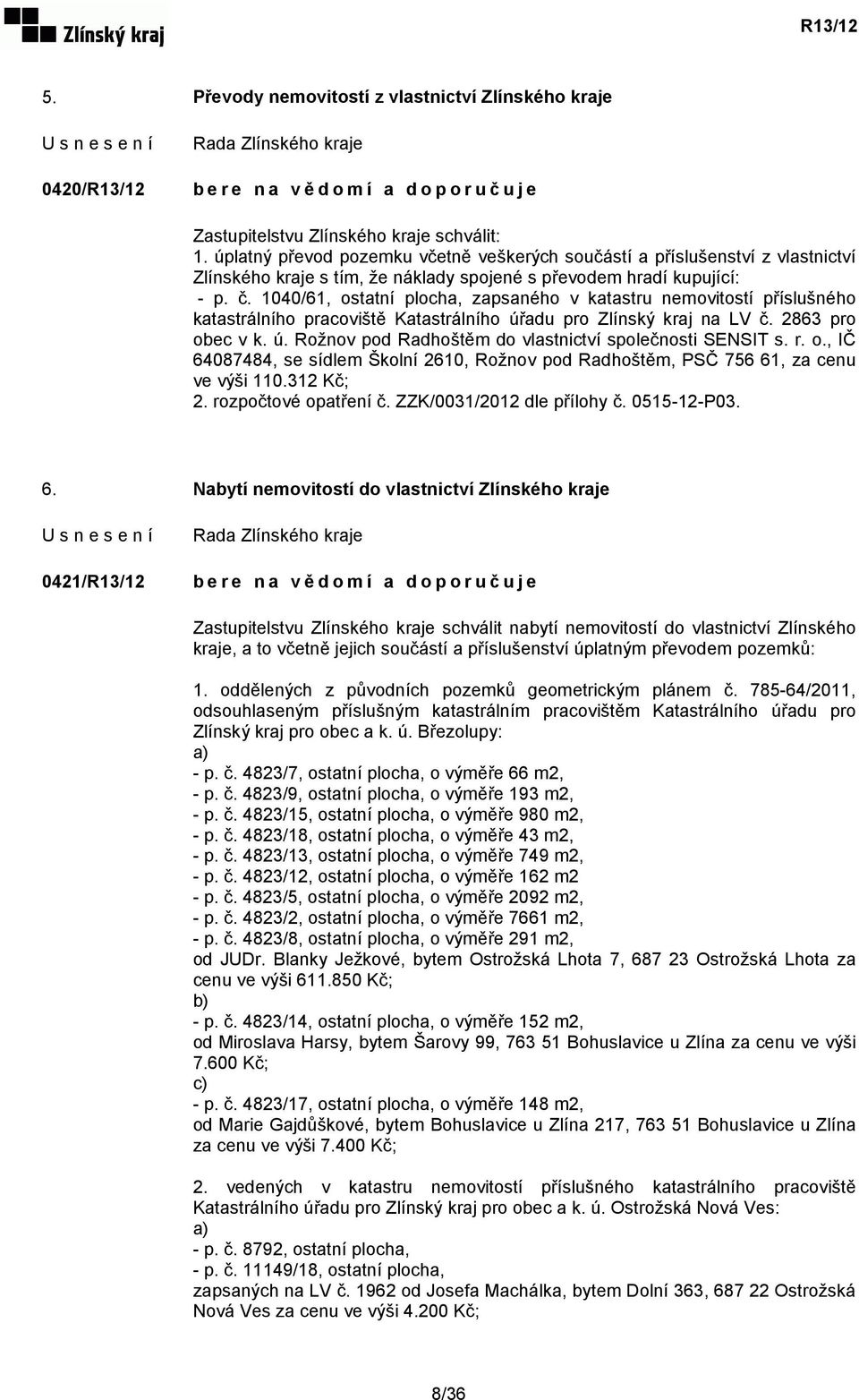 1040/61, ostatní plocha, zapsaného v katastru nemovitostí příslušného katastrálního pracoviště Katastrálního úřadu pro Zlínský kraj na LV č. 2863 pro obec v k. ú. Rožnov pod Radhoštěm do vlastnictví společnosti SENSIT s.
