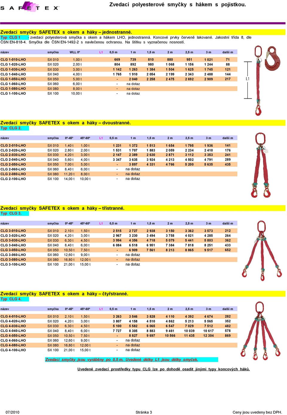 název smyčka WLL 0º L1 0,5 m 1 m 1,5 m 2 m 2,5 m 3 m další m CLG 1-010-LHO SX 010 1,00 t 669 739 810 880 951 1 021 71 CLG 1-020-LHO SX 020 2,00 t 804 892 980 1 068 1 156 1 244 88 CLG 1-030-LHO SX 030