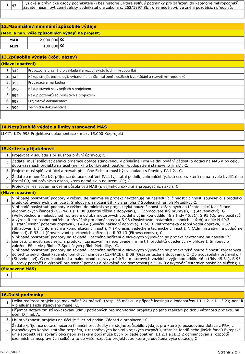 výše způsobilých výdajů na projekt) MAX 2 000 000 Kč MIN 100 000 Kč 1Způsobilé výdaje (kód, název) 942 Provozovna určená pro zakládání a rozvoj existujících mikropodniků 943 Nákup strojů,
