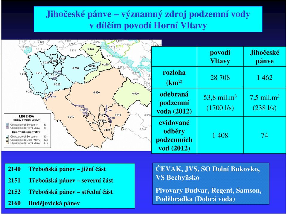 m 3 (238 l/s) evidované odběry podzemních vod (2012) 1 408 74 2140 Třeboňská pánev jižníčást 2151 Třeboňská pánev