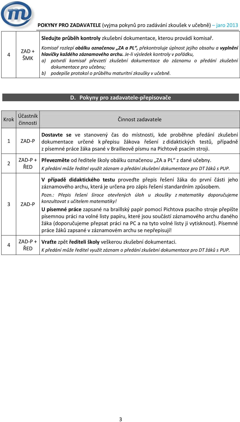 Je-li výsledek kontroly v pořádku, a) potvrdí komisař převzetí zkušební dokumentace do záznamu o předání zkušební dokumentace pro učebnu; b) podepíše protokol o průběhu maturitní zkoušky v učebně. D.