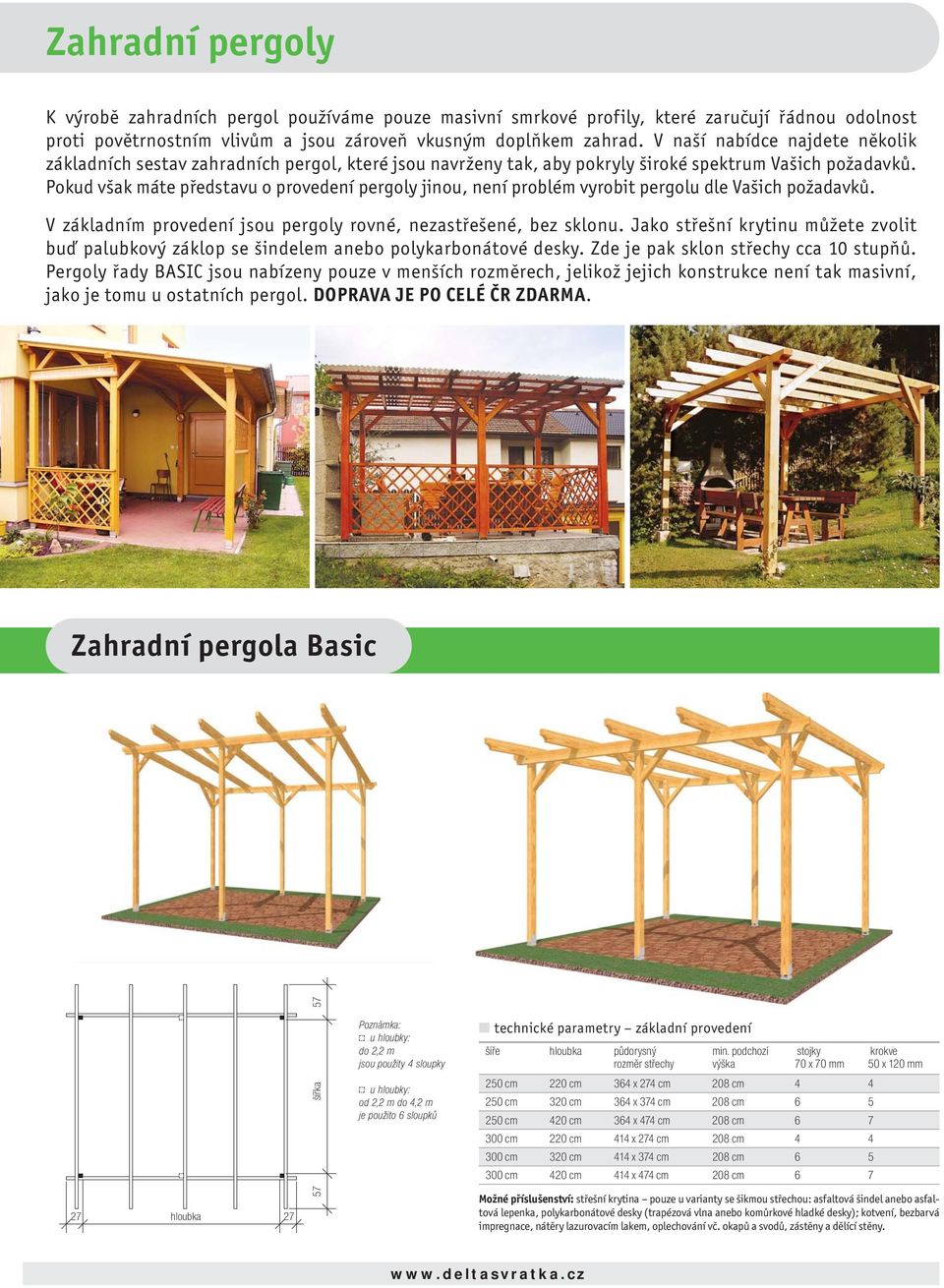 Pokud však máte představu o provedení pergoly jinou, není problém vyrobit pergolu dle Vašich požadavků. V základním provedení jsou pergoly rovné, nezastřešené, bez sklonu.