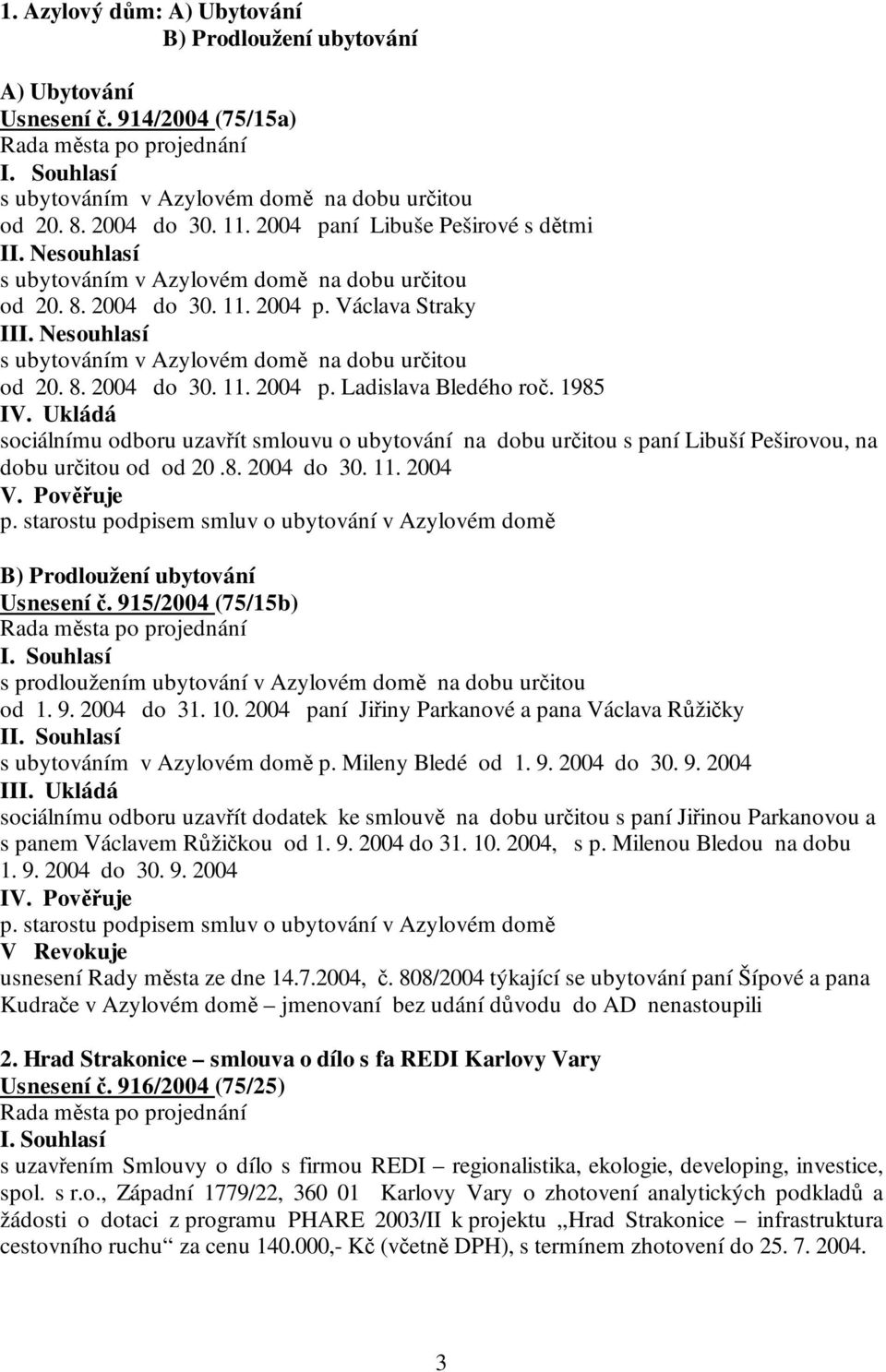 Nesouhlasí s ubytováním v Azylovém domě na dobu určitou od 20. 8. 2004 do 30. 11. 2004 p. Ladislava Bledého roč. 1985 IV.