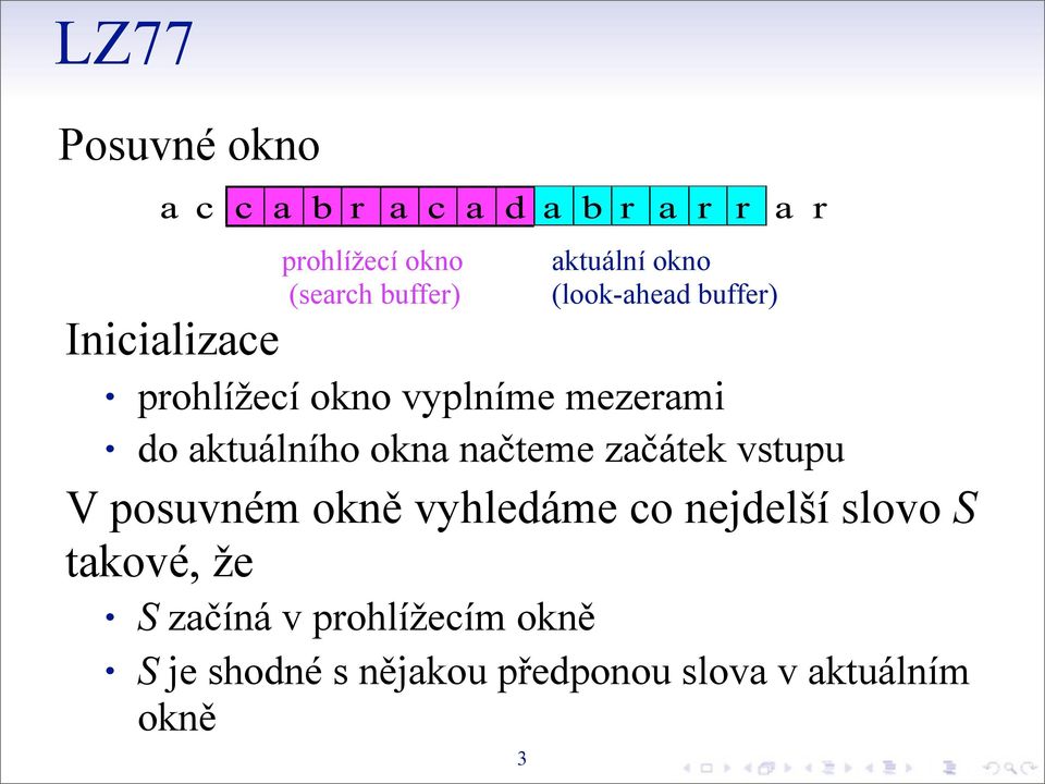 načteme začátek vstupu V posuvném okně vyhledáme co nejdelší slovo S takové,