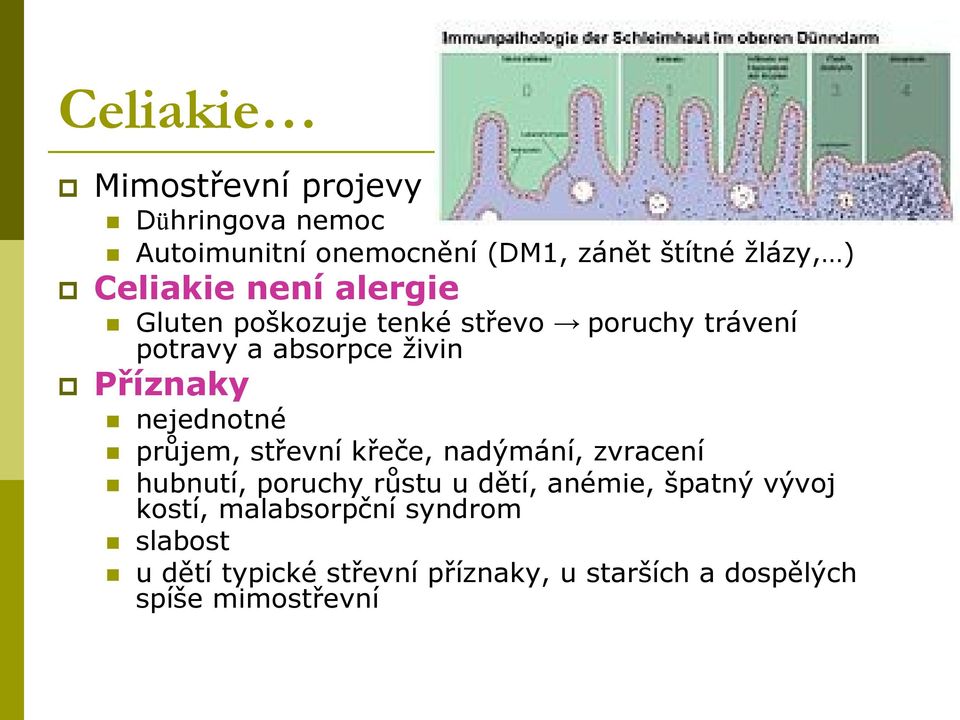 nejednotné průjem, střevní křeče, nadýmání, zvracení hubnutí, poruchy růstu u dětí, anémie, špatný