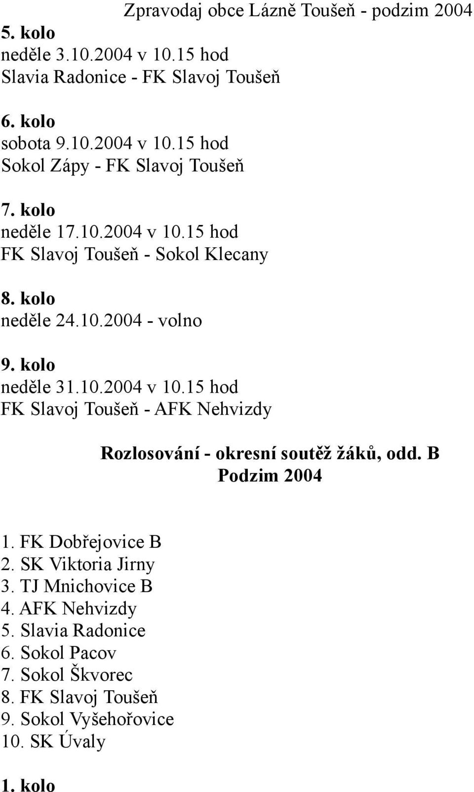 B Podzim 2004 1. FK Dobřejovice B 2. SK Viktoria Jirny 3. TJ Mnichovice B 4. AFK Nehvizdy 5. Slavia Radonice 6. Sokol Pacov 7.