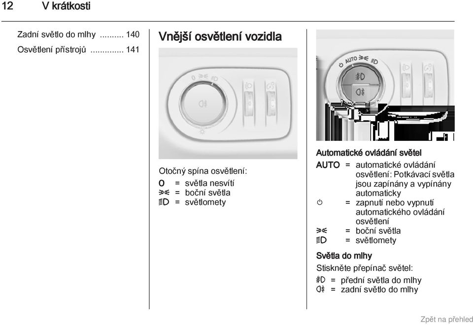 ovládání světel AUTO = automatické ovládání osvětlení: Potkávací světla jsou zapínány a vypínány automaticky m =