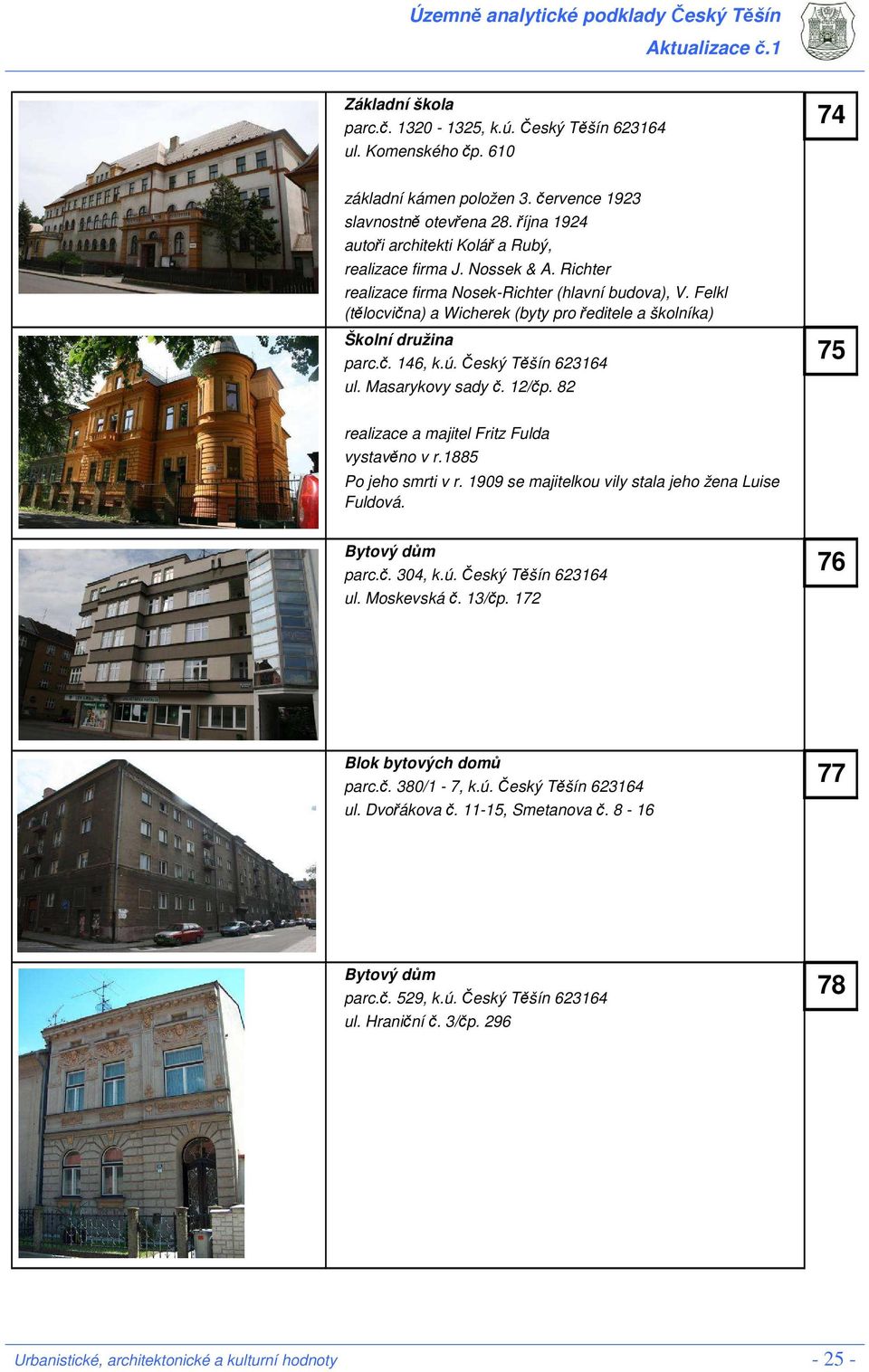 Felkl (tělocvična) a Wicherek (byty pro ředitele a školníka) Školní družina parc.č. 146, k.ú. Český Těšín 623164 ul. Masarykovy sady č. 12/čp. 82 75 realizace a majitel Fritz Fulda vystavěno v r.