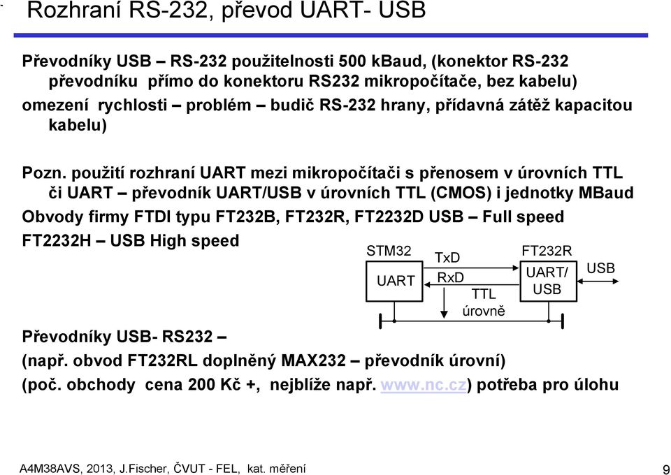 použití rozhraní UART mezi mikropočítači s přenosem v úrovních TTL či UART převodník UART/USB v úrovních TTL (CMOS) i jednotky MBaud Obvody firmy FTDI typu FT232B, FT232R, FT2232D
