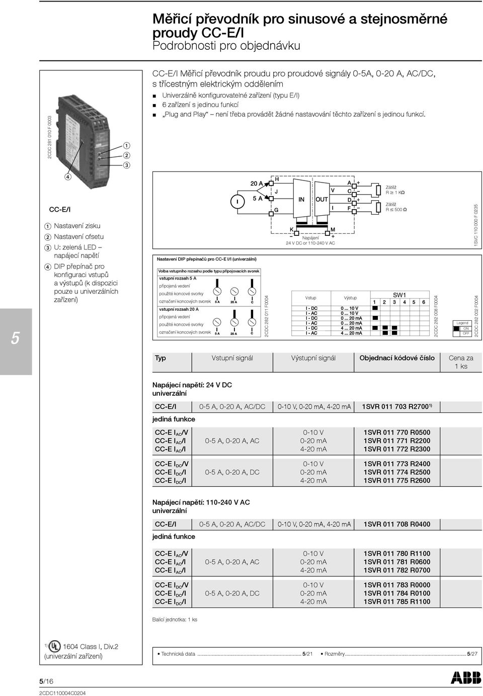 Zátěž R M 1 Kq CC-E/I Nastavení zisku Nastavení ofsetu U: zelená LED napájecí napětí DIP přepínač pro konfiguraci vstupů a výstupů (k dispozici pouze u univerzálních zařízení) Nastavení DIP přepínačů