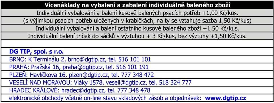 (s výjimkou psacích potřeb uložených v krabičkách, na ty se vztahuje sazba 1,50 Kč/kus)