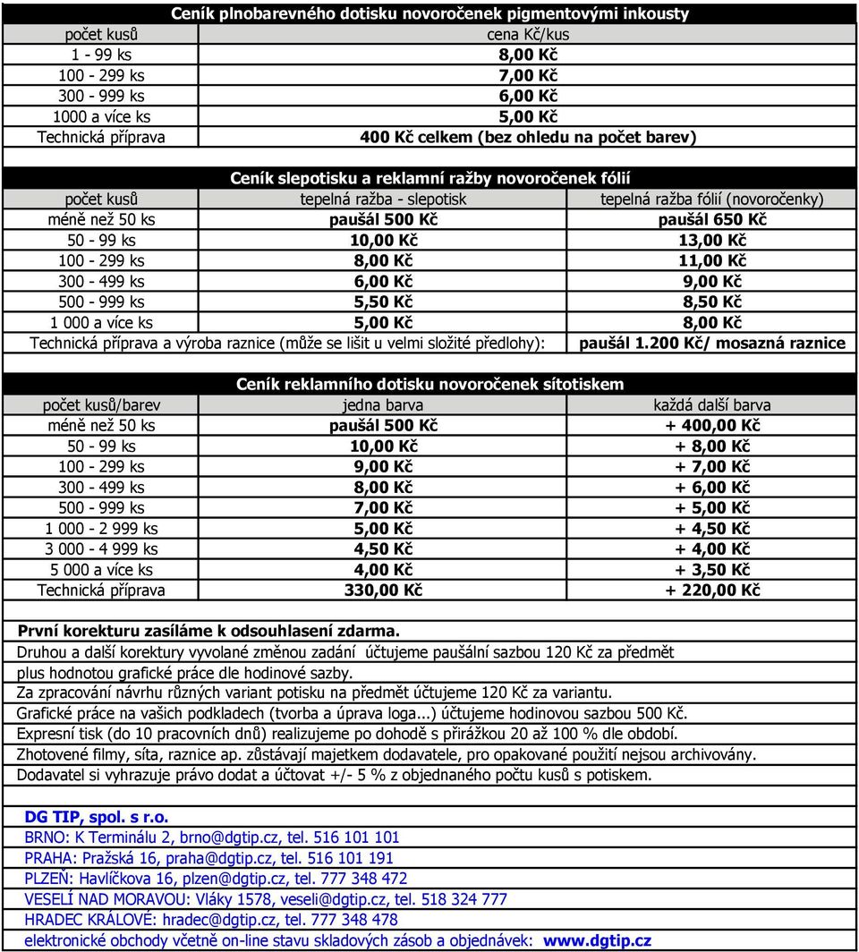 10,00 Kč 13,00 Kč 100-299 ks 8,00 Kč 11,00 Kč 300-499 ks 6,00 Kč 9,00 Kč 500-999 ks 5,50 Kč 8,50 Kč 1 000 a více ks 5,00 Kč 8,00 Kč Technická příprava a výroba raznice (může se lišit u velmi složité