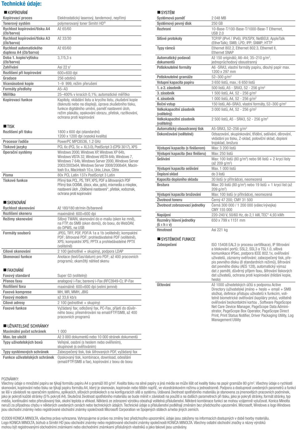 kopie/výtisku 3,7/5,3 s (čb/barva) Zahřívání Asi 22 s 1 Rozlišení při kopírování 600 600 dpi Gradace 256 odstínů Vícenásobné kopie 1 9 999, režim přerušení Formáty předlohy A5 A3 Měřítko 25 400% v