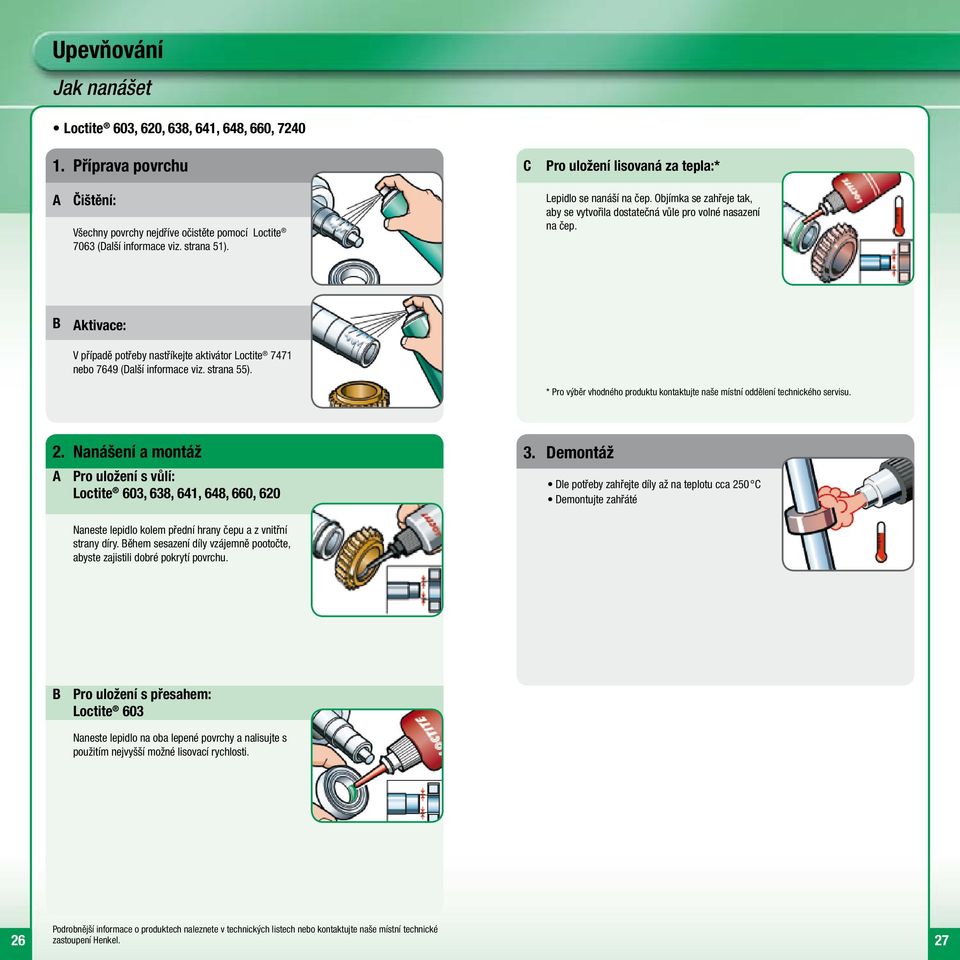 B Aktivace: V případě potřeby nastříkejte aktivátor Loctite 7471 nebo 7649 (Další informace viz. strana 55). * Pro výběr vhodného produktu kontaktujte naše místní oddělení technického servisu. 2.