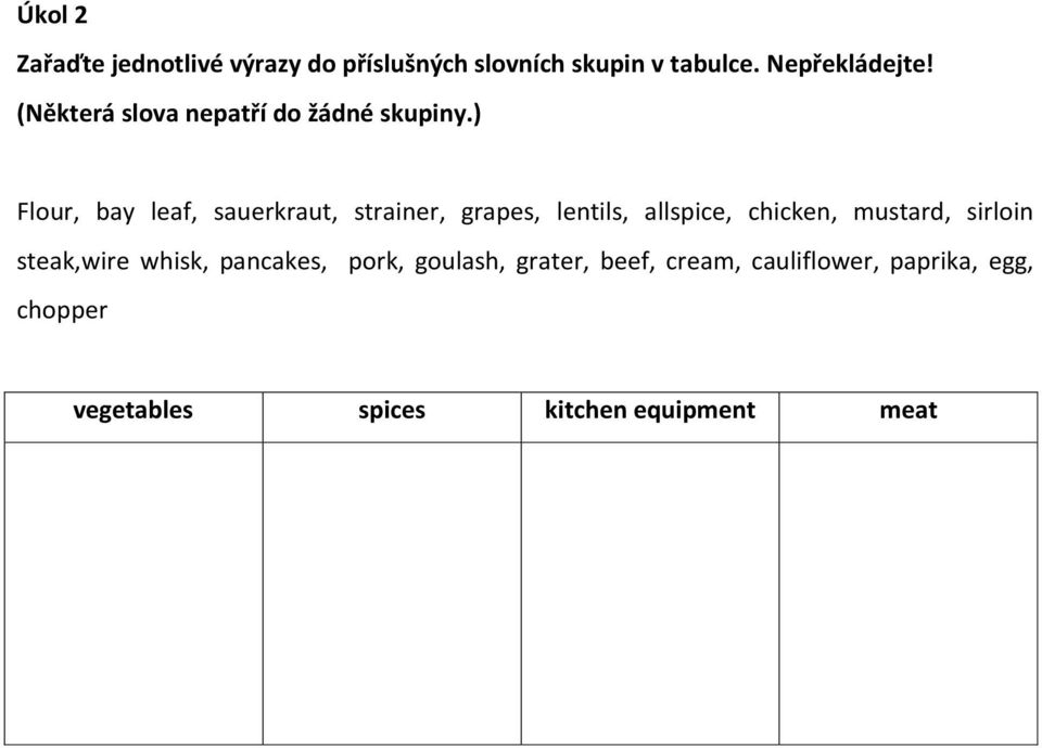 ) Flour, bay leaf, sauerkraut, strainer, grapes, lentils, allspice, chicken, mustard,