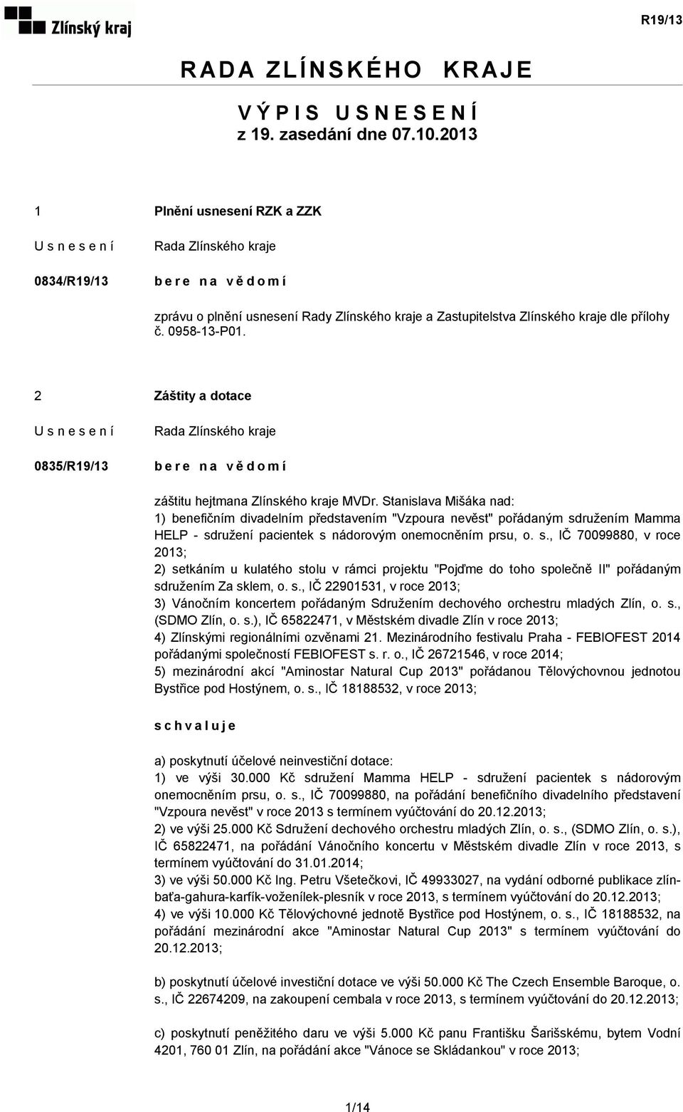 2 Záštity a dotace 0835/R19/13 záštitu hejtmana Zlínského kraje MVDr.