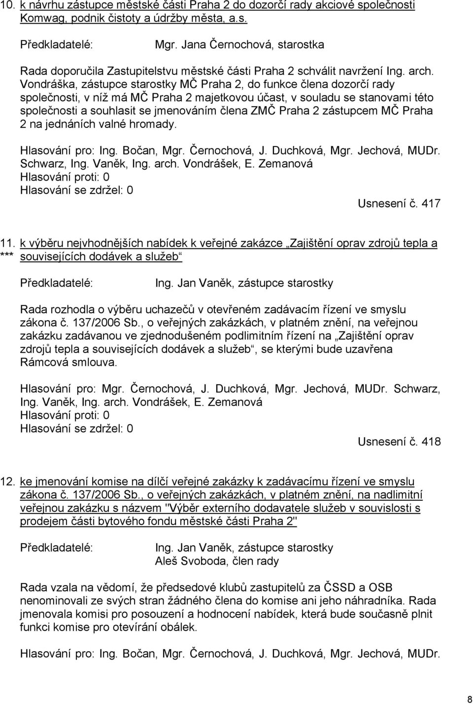 Vondráška, zástupce starostky MČ Praha 2, do funkce člena dozorčí rady společnosti, v níž má MČ Praha 2 majetkovou účast, v souladu se stanovami této společnosti a souhlasit se jmenováním člena ZMČ