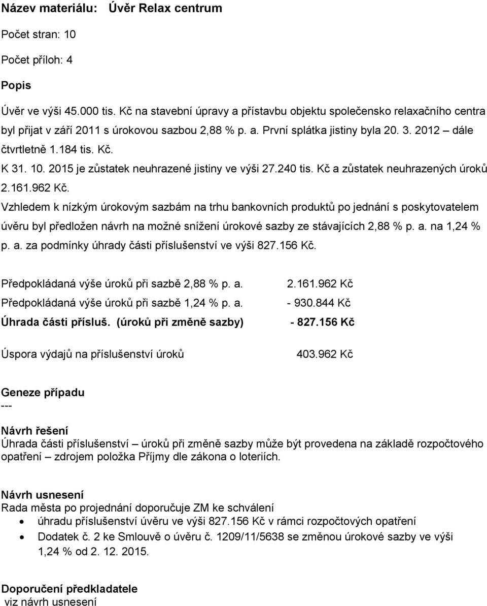 K 31. 10. 2015 je zůstatek neuhrazené jistiny ve výši 27.240 tis. Kč a zůstatek neuhrazených úroků 2.161.962 Kč.