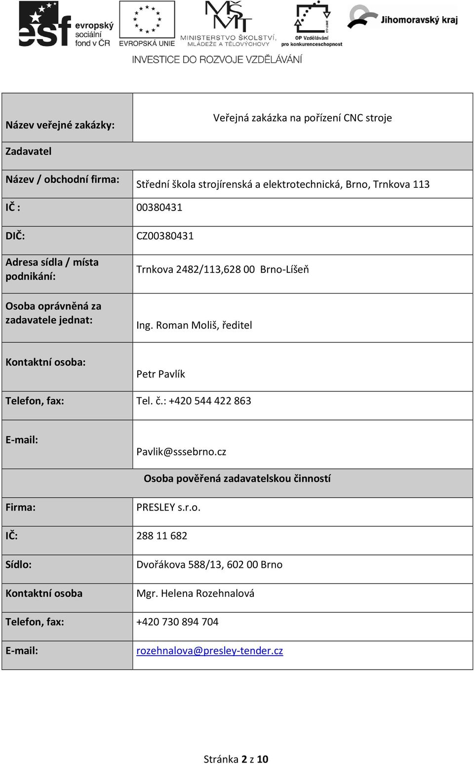 Roman Moliš, ředitel Kontaktní osoba: Petr Pavlík Telefon, fax: Tel. č.: +420 544 422 863 E-mail: Pavlik@sssebrno.