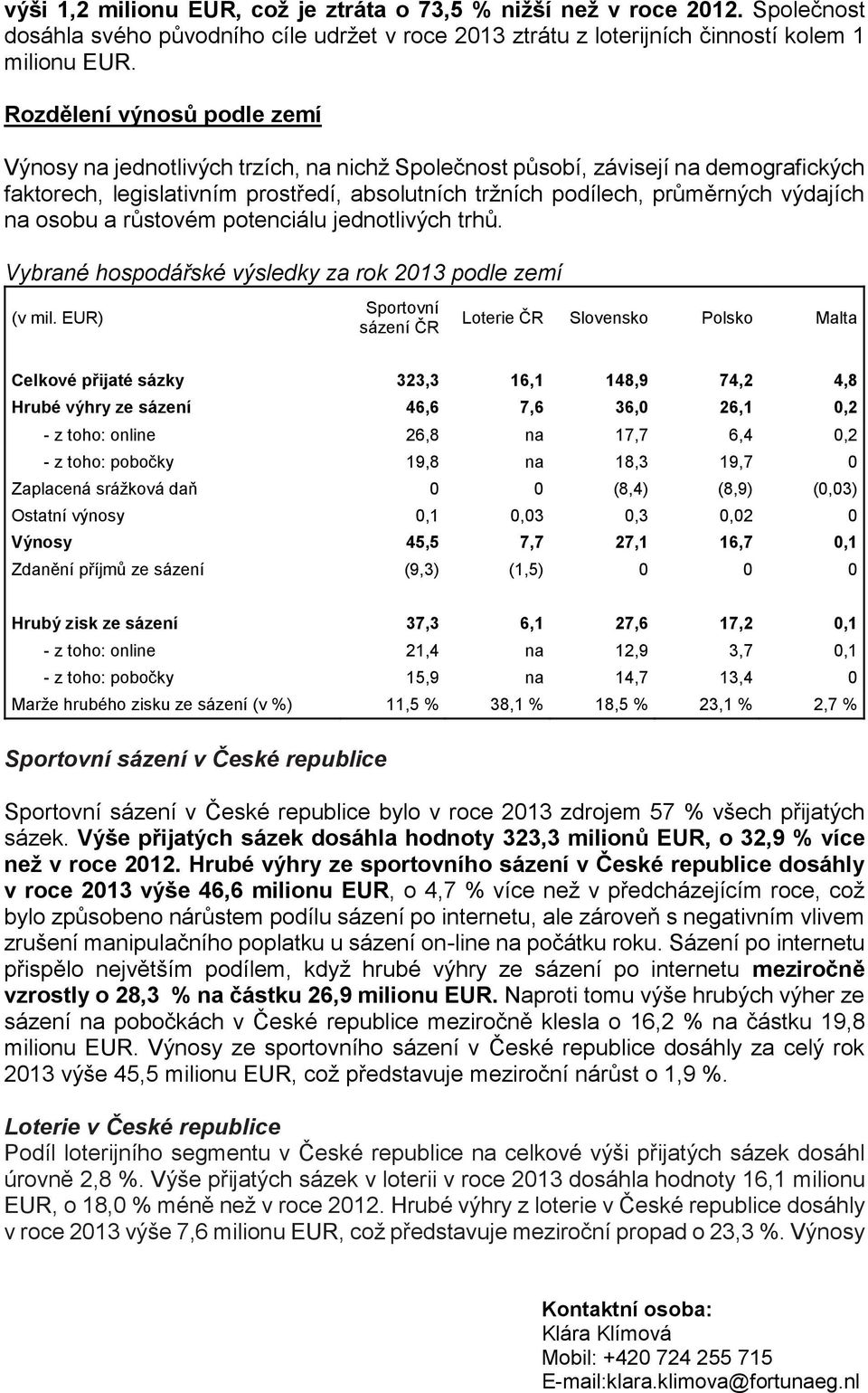 na osobu a růstovém potenciálu jednotlivých trhů. Vybrané hospodářské výsledky za rok 2013 podle zemí (v mil.